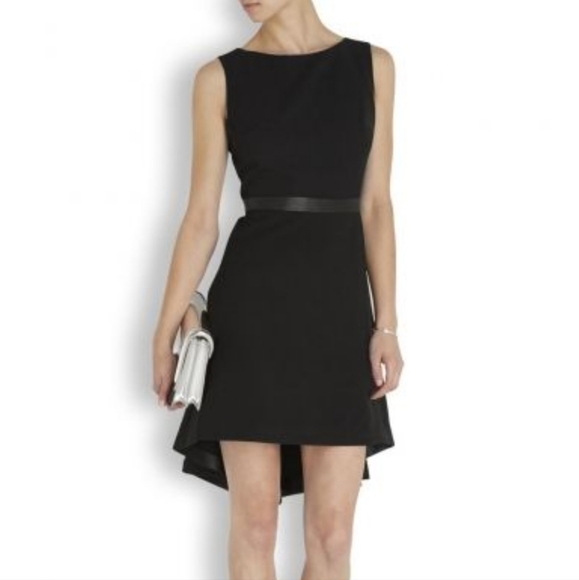 ALICE + OLIVIA "Colby" Leather Trim Cascade High Low Mini Sleeveless Black Dress - Picture 1 of 14